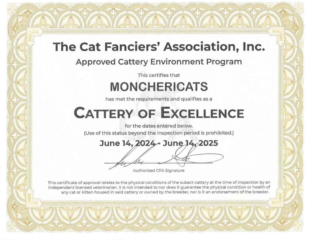 Mon Cheri Cattery CFA Cattery of Excellence